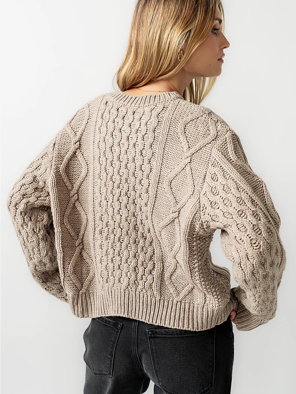 Chunky Cable Knit Button-Front Cardigan - Taupe - Picture 2 of 6